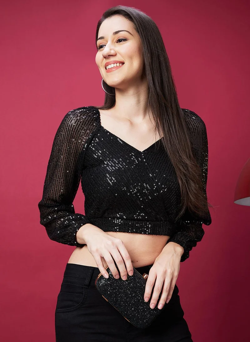 جلو باص بلوزة نسائية قصيرة مزينة بالترتر للحفلات من جلوبس